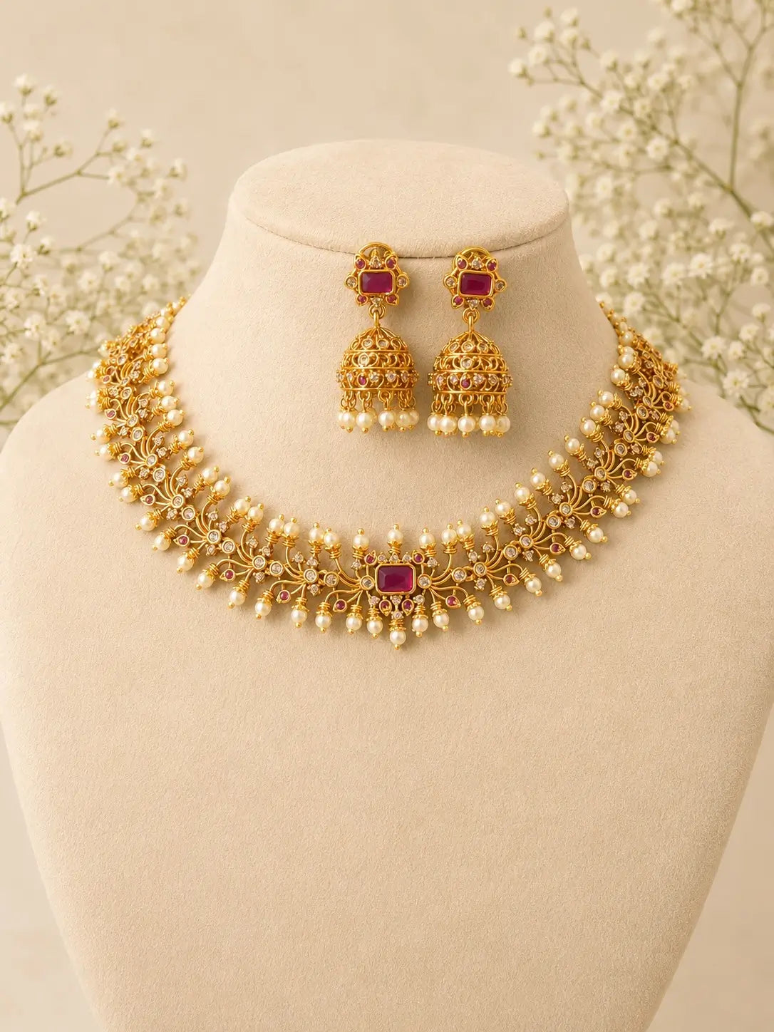 Padmika Ruby Pearl Necklace Set